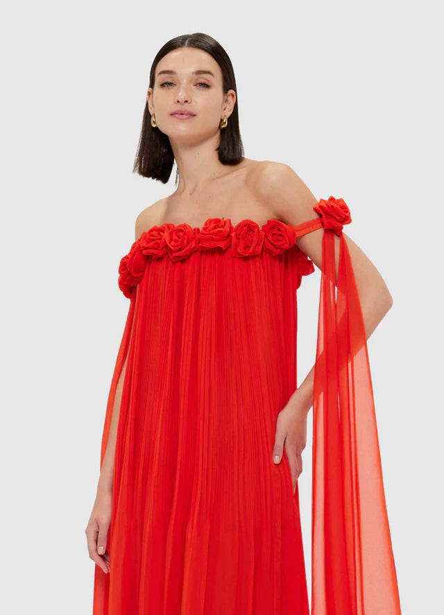 Flowering Girl Women draped floor length dress in scarlet
