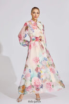 vivien pink floral Printed lantern sleeve Maxi Dress