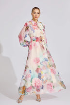 Vivien Pink Floral Printed Lantern Sleeve Maxi Dress