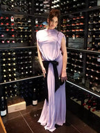 bernice Bow Patch Cut Backless Maxi Dress in purple