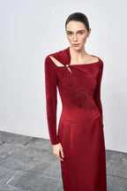 Flowering Girl Women Eleanor Sheath Asymmetric Neck Taffeta Midi Dress in red