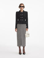 Textured knit jacket skirt suit in black