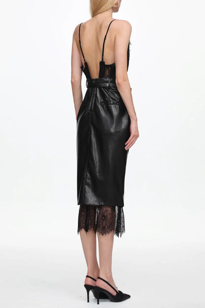 julia black V Neck Sleeveless Lace Faux Leather Midi Dress