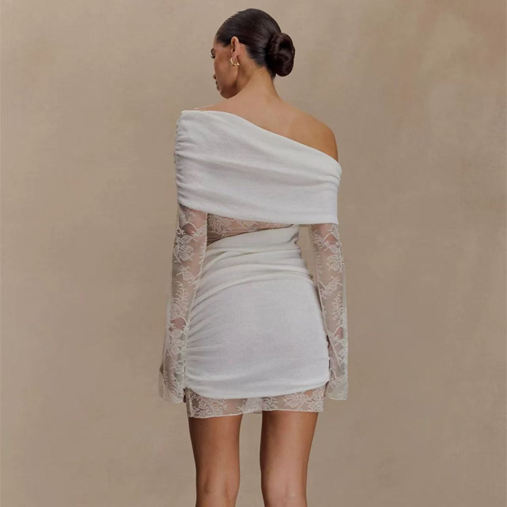 White Lace Strapless Spliced Knitted Mini Dress