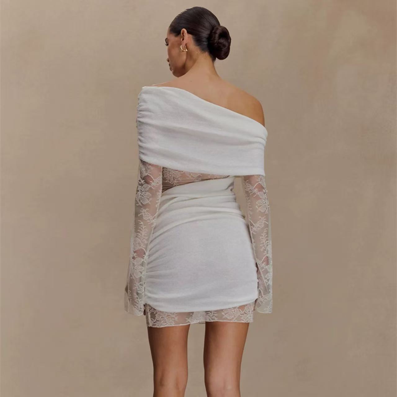 White Lace Strapless Spliced Knitted Mini Dress