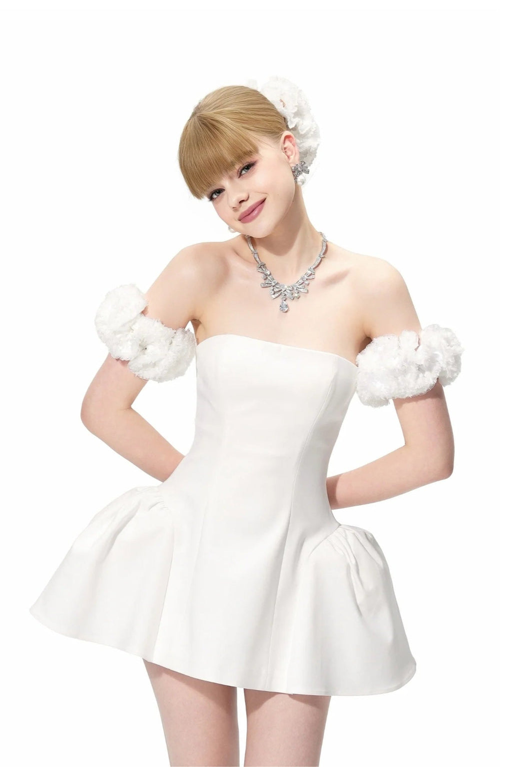 sherry Flower strapless puffy mini dress in white