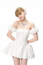 Flowering Girl Women Sherry Flower Strapless Puffy Mini Dress In White