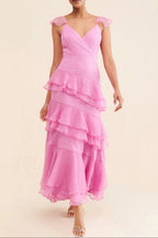 Flowering Girl Women Lucy Chiffon Ruffle Layered Midi Dress In Pink