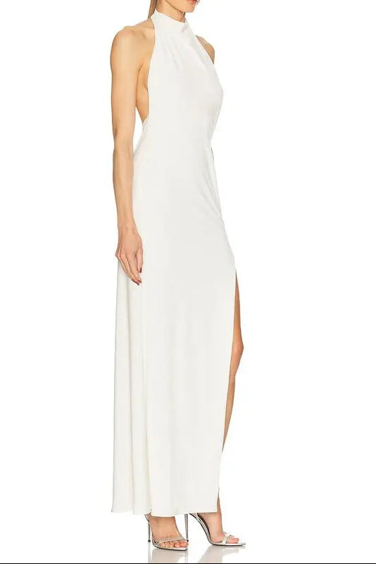Flowering Girl Women Sharon Halter Backless High Slit Diamond Maxi Dress In White