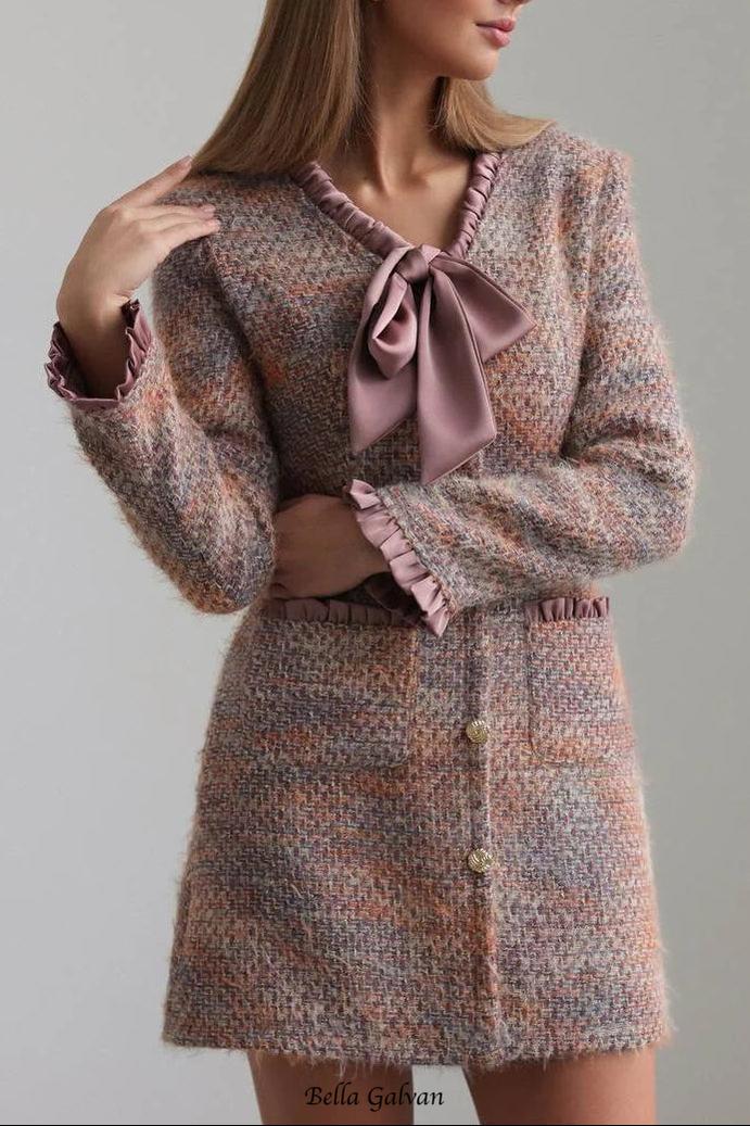 xylia bow v-neck long sleeve mini dress in multicolor