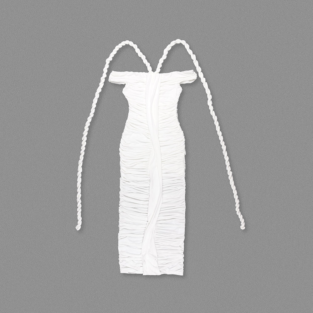 Flowering Girl Women cara white off-shoulder ruched bodycon maxi dress with rope embellished