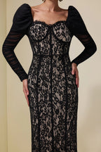 Wendy Lace Splicing Mesh Puff Sleeve Midi Dress In Black