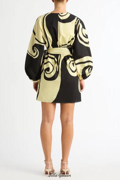 oceanic swirl v-neck puff sleeve mini dress