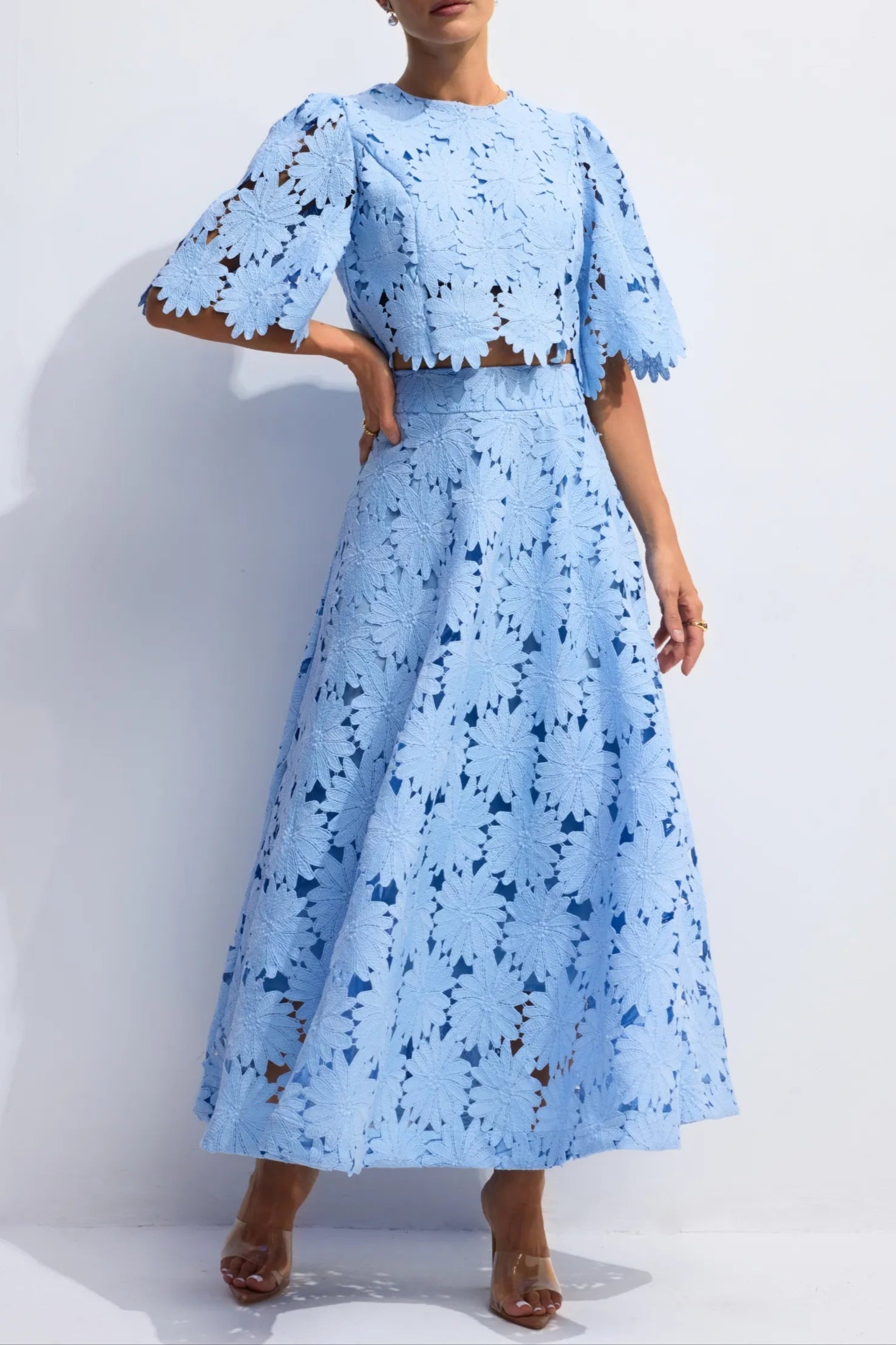 Flowering Girl Women Lace Embroidered Top & Maxi Skirt Two-Piece Set In Blue