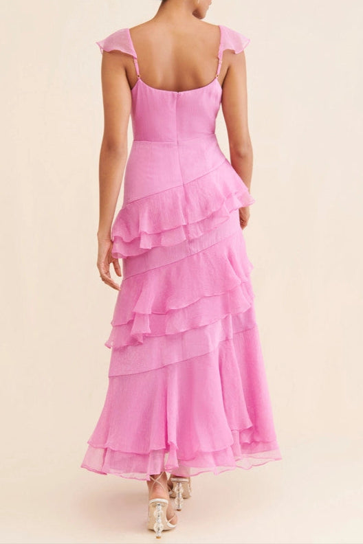 Flowering Girl Women Lucy Chiffon Ruffle Layered Midi Dress In Pink
