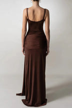 Flowering Girl Women Pleated Strappy Draped Slit Maxi Dress In Brown