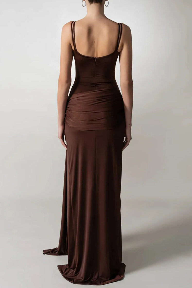 Flowering Girl Women Pleated Strappy Draped Slit Maxi Dress In Brown