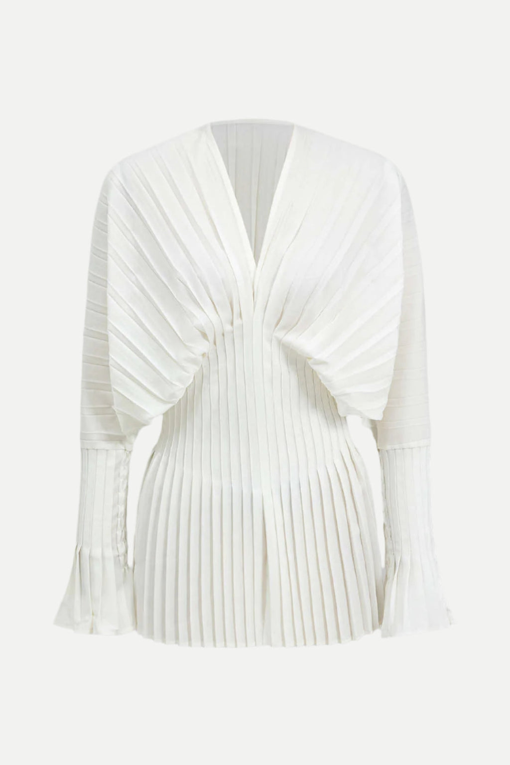 Flowering Girl Women Pleated Bell Sleeve V-Neck Mini Dress in white