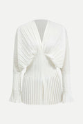 Flowering Girl Women Pleated Bell Sleeve V-Neck Mini Dress in white