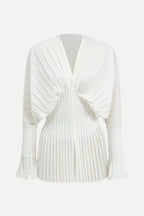 Flowering Girl Women Pleated Bell Sleeve V-Neck Mini Dress in white