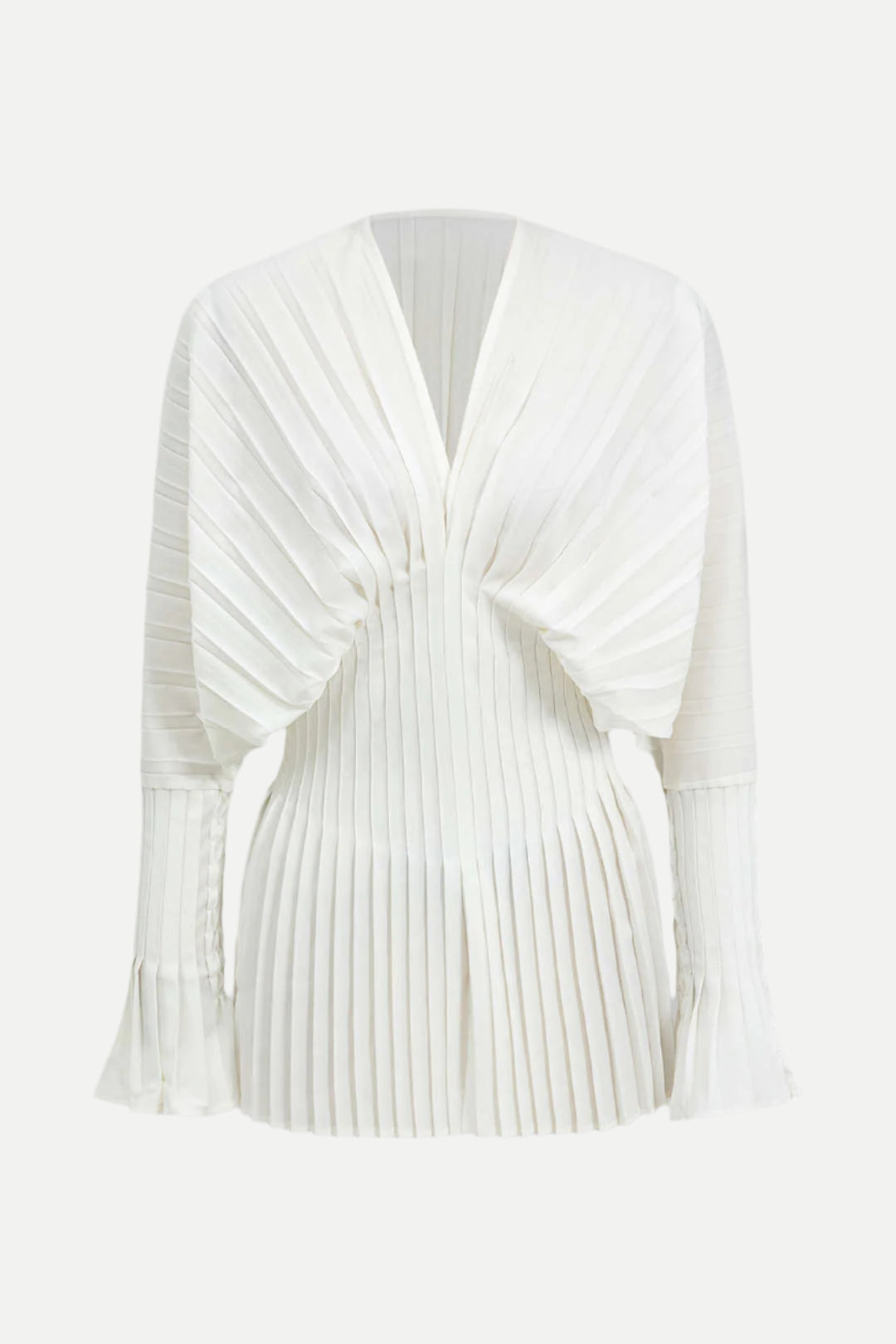 Pleated Bell Sleeve V-Neck Mini Dress in white
