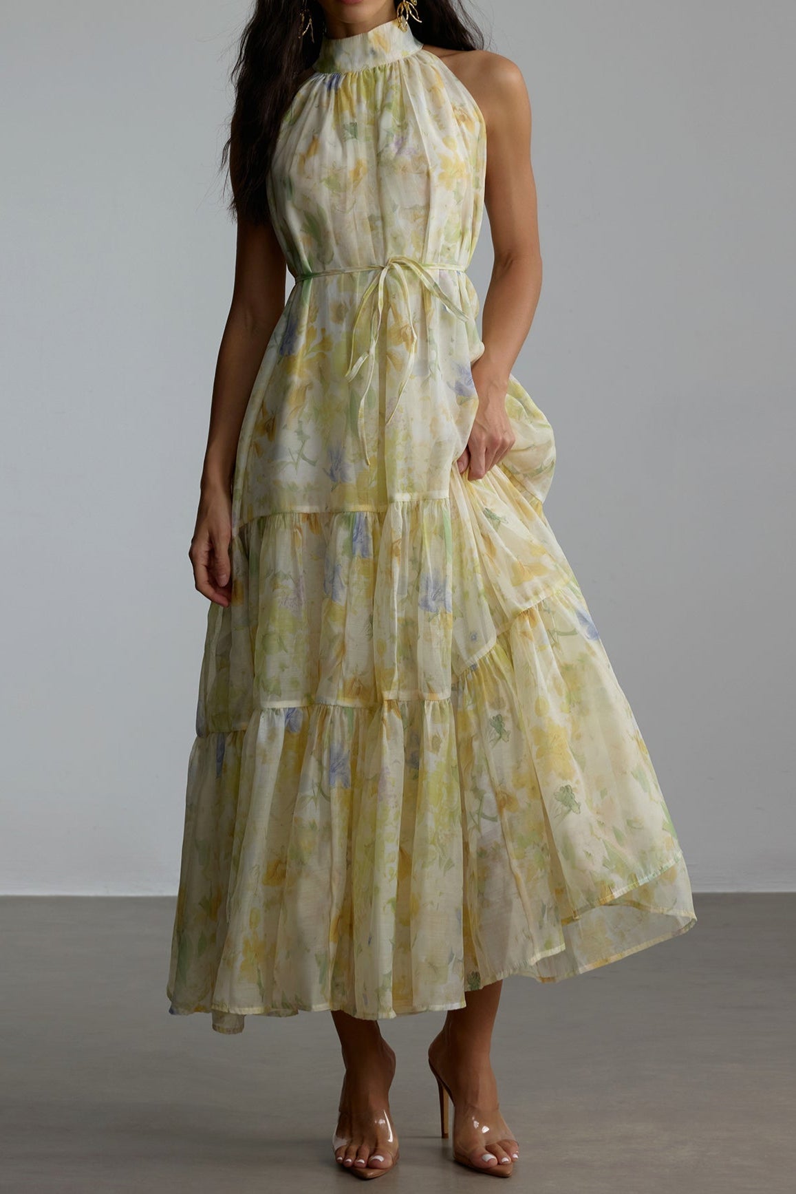 Caroline Floral Print Sleeveless Maxi Dress In Yellow