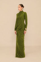 liz High Neck Asymmetric Drape ruched Maxi Dress in green