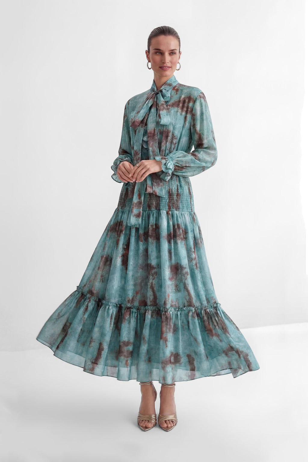 Flowering Girl Women kristin Teal Printed Tiered Ruffle Maxi Dress - green