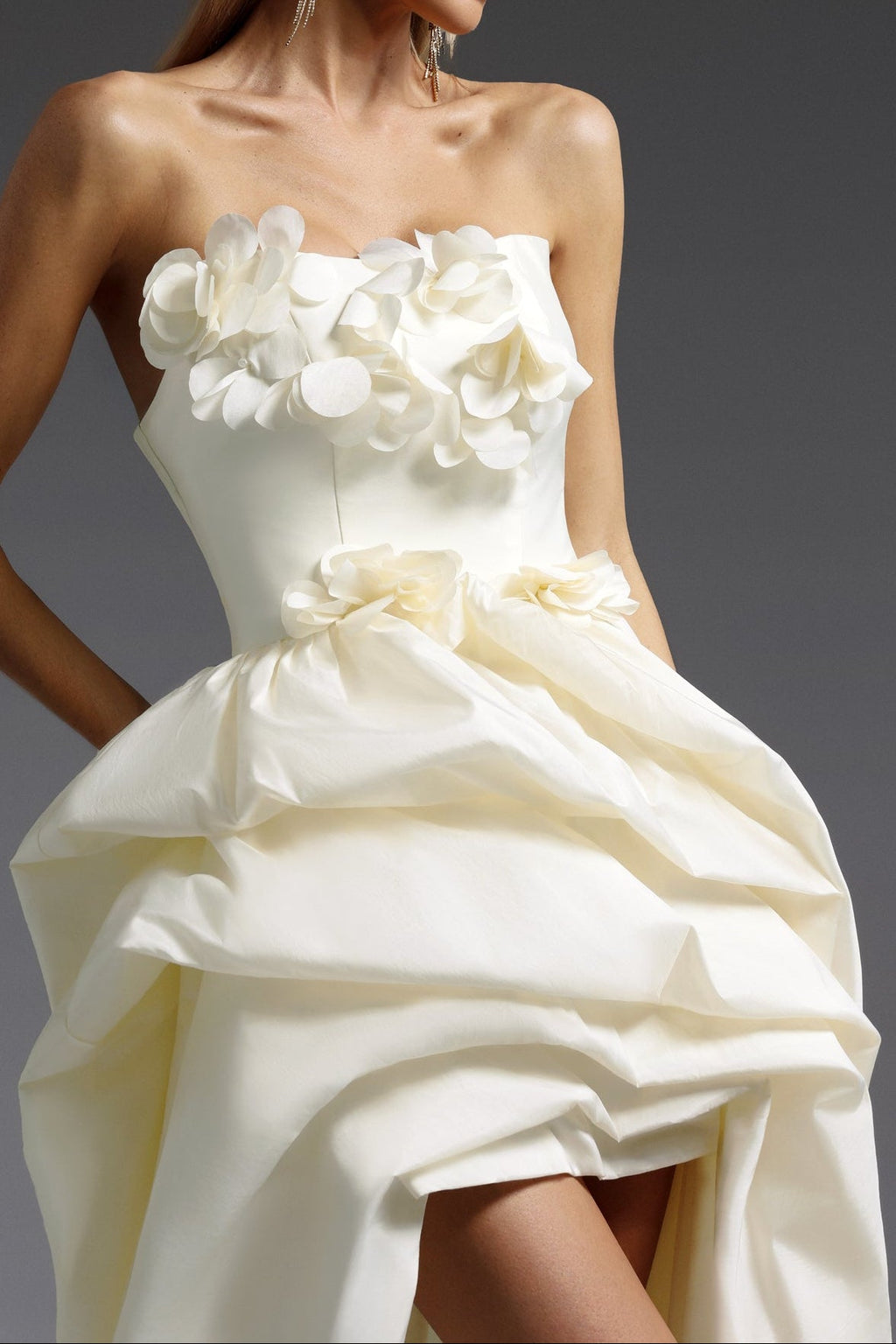 Flowering Girl Women Strapless 3D Floral High Low Satin Evening Gown