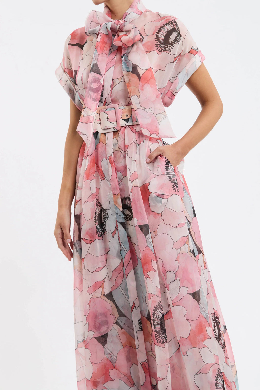 Flowering Girl Women Floral Print Silk Organza Maxi Dress In Pink-Multi