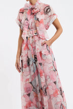 Flowering Girl Women Floral Print Silk Organza Maxi Dress In Pink-Multi