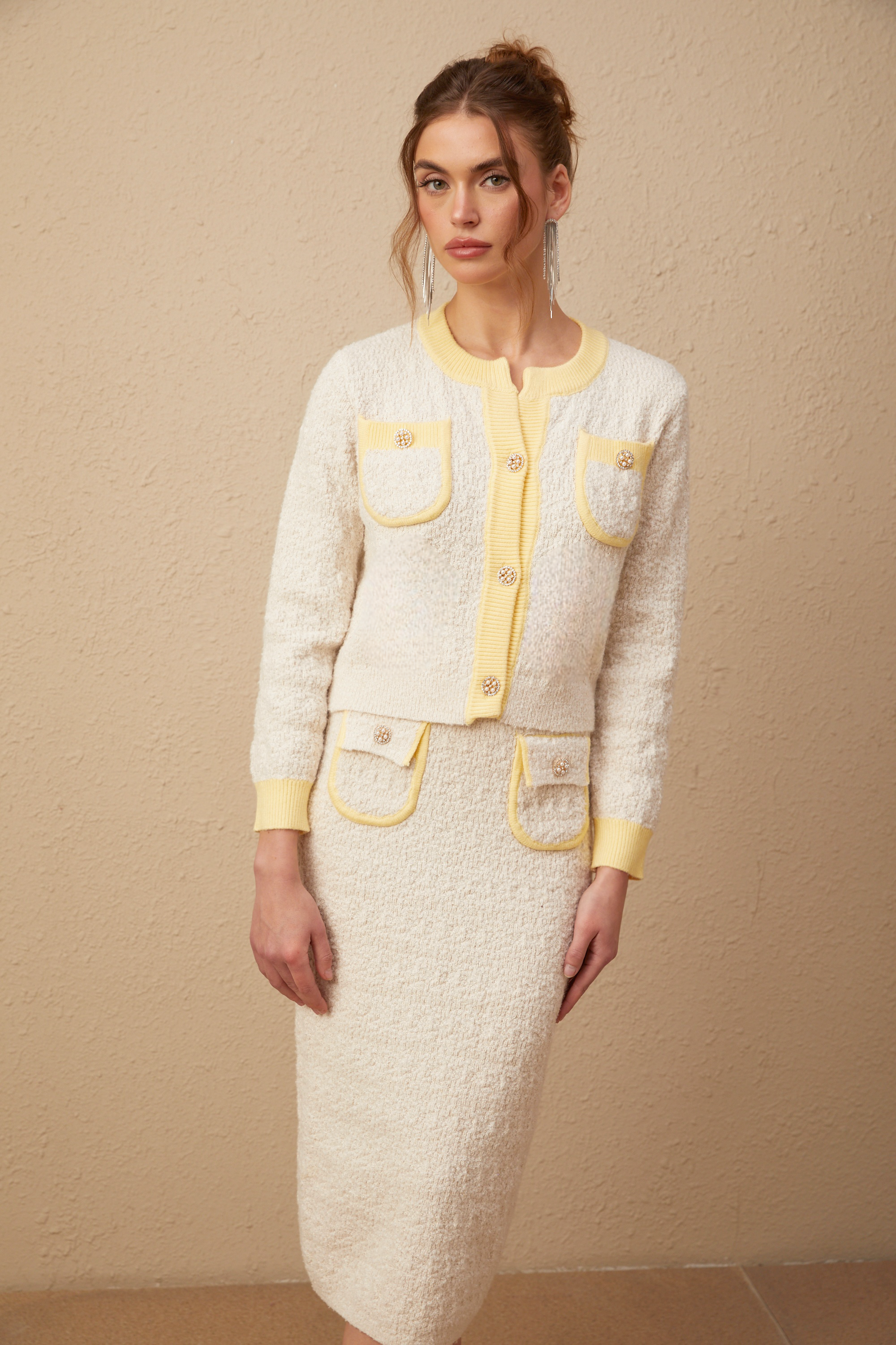 Flowering Girl Women Jessie white textured knit cardigan & skirt matching set
