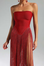 Flowering Girl Women helen Bodysuit Fringe Strapless mini Dress in red