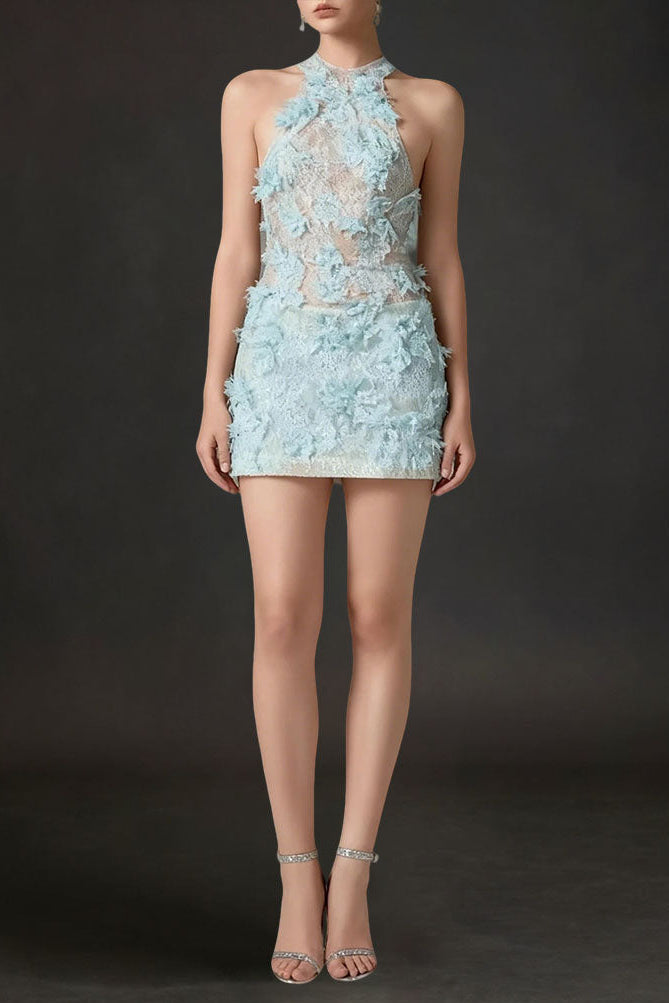Flowering Girl Women Floral Lace Mini Dress In Blue