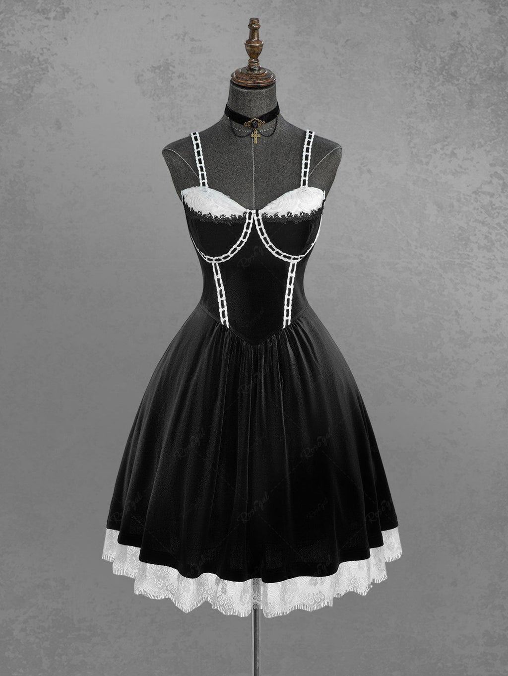Gothic Plus Size Rose Flower Mesh Jacquard Lace Trim Contrast Piping Velvet A Line Dress