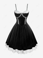 Gothic Plus Size Rose Flower Mesh Jacquard Lace Trim Contrast Piping Velvet A Line Dress