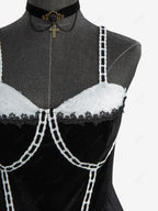 Gothic Plus Size Rose Flower Mesh Jacquard Lace Trim Contrast Piping Velvet A Line Dress