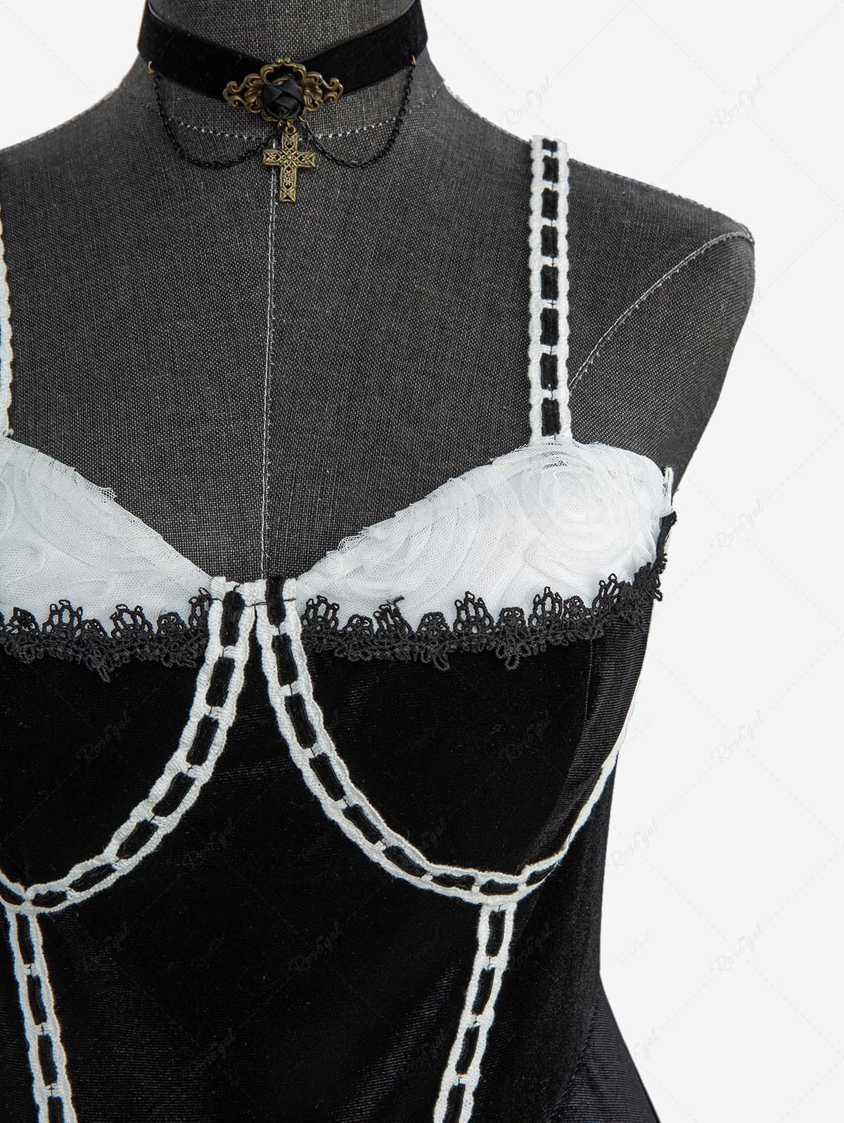 Gothic Plus Size Rose Flower Mesh Jacquard Lace Trim Contrast Piping Velvet A Line Dress