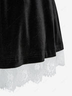 Gothic Plus Size Rose Flower Mesh Jacquard Lace Trim Contrast Piping Velvet A Line Dress