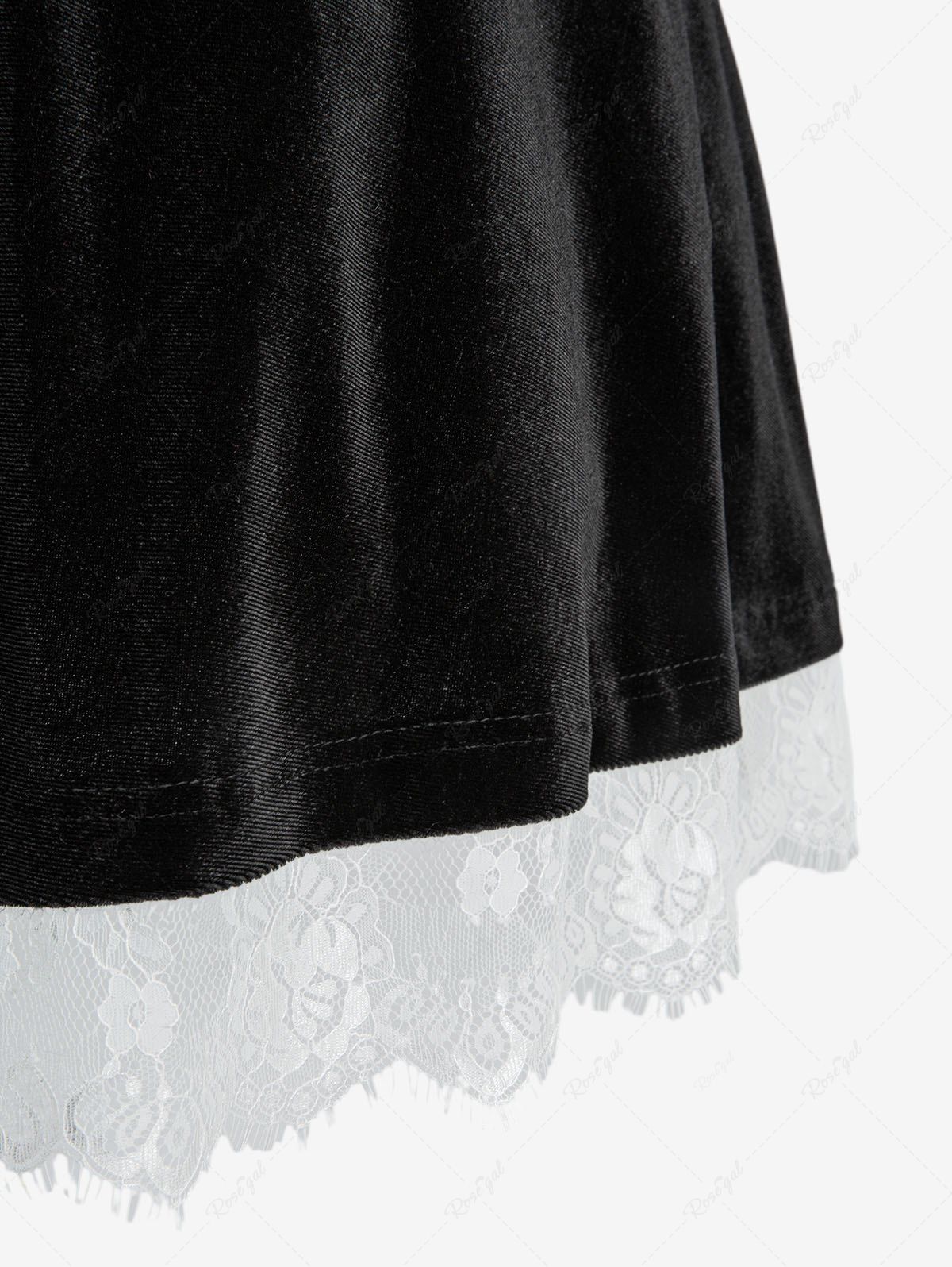 Gothic Plus Size Rose Flower Mesh Jacquard Lace Trim Contrast Piping Velvet A Line Dress