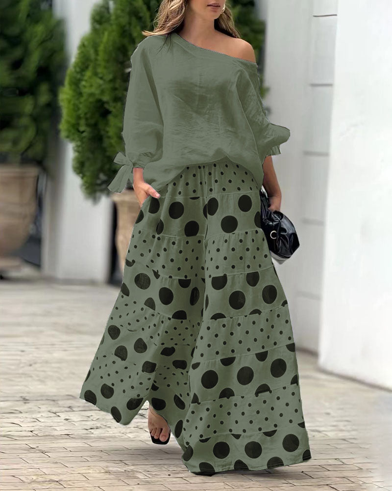 Flowering Girl Women Casual Shoulder Top & Printed Pants Two-Piece Set