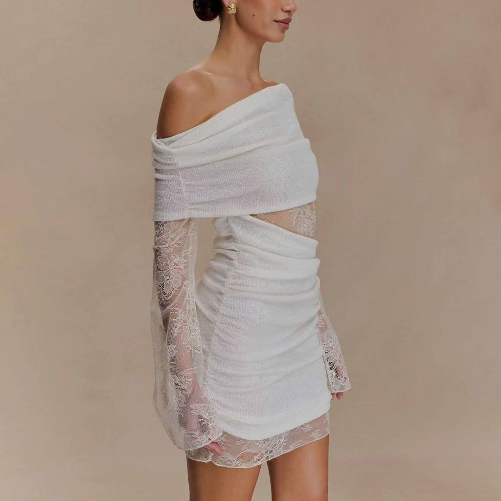 White Lace Strapless Spliced Knitted Mini Dress