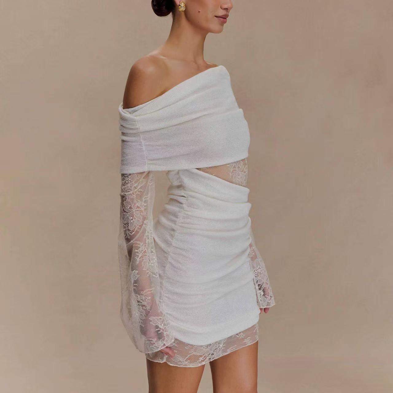 White Lace Strapless Spliced Knitted Mini Dress