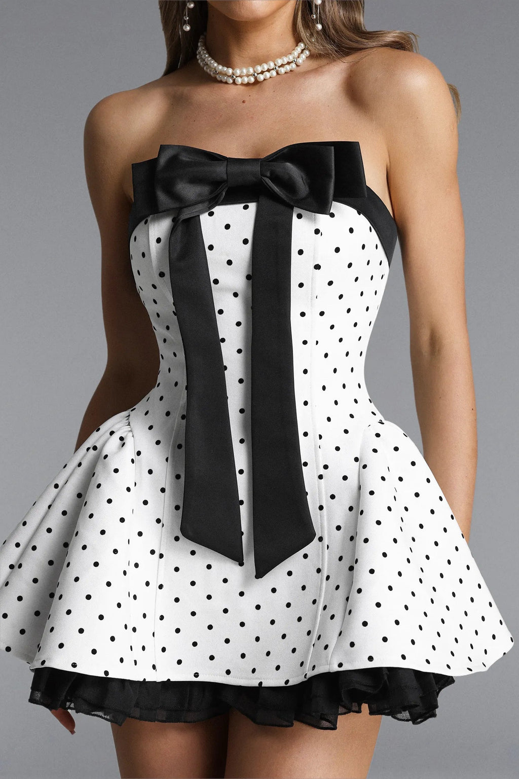 octavia white Bow Polka Dot Woven Strapless Mini Dress