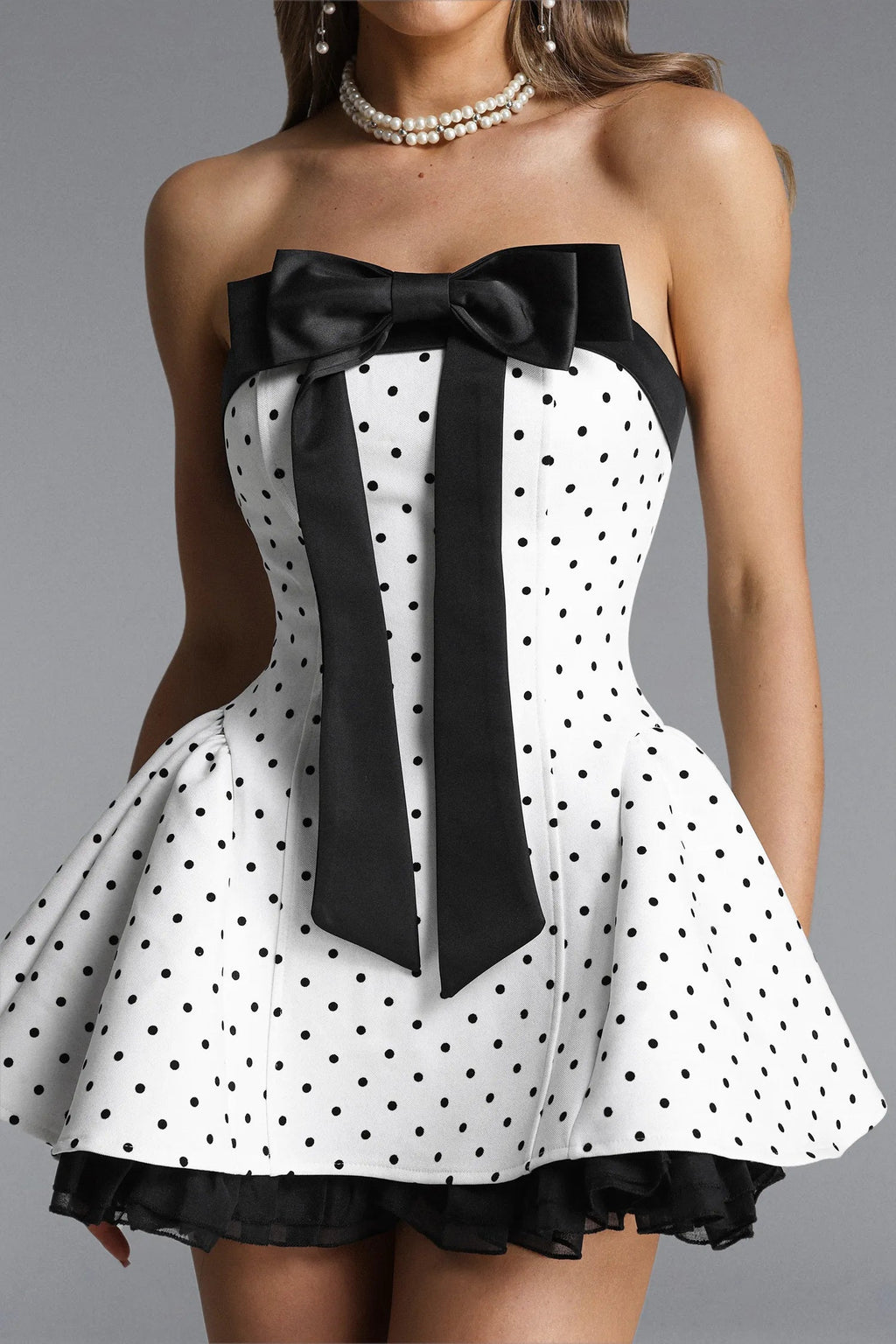 Octavia White Bow Polka Dot Woven Strapless Mini Dress