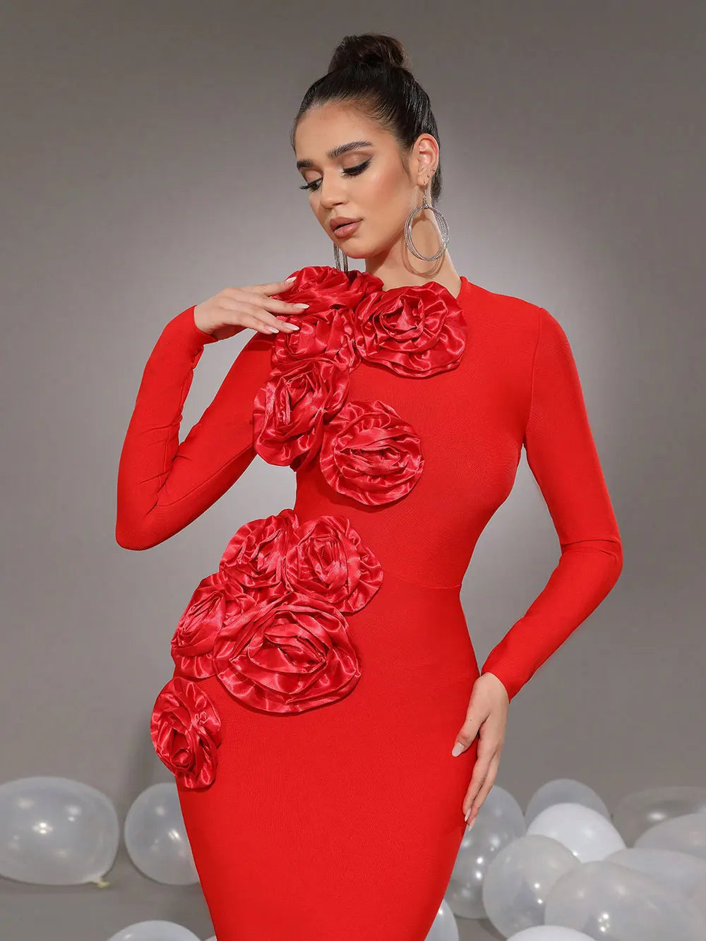 Sally 3D Flower Decorative Bandage Maxi Dress In Red