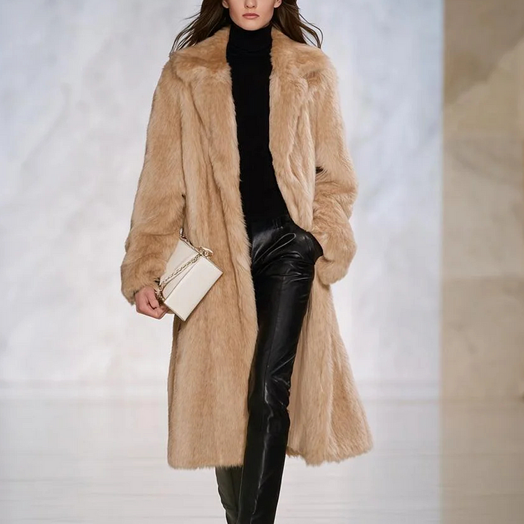 Flowering Girl Women Women's Vintage Elegant Camel Fur Coat