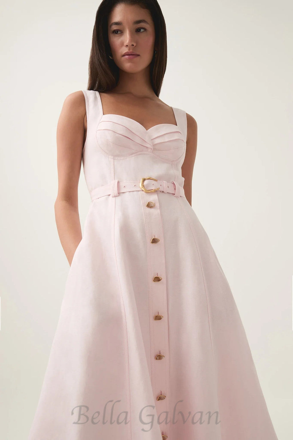 Flowering Girl Women sweetheart neckline belted midi dress in pink