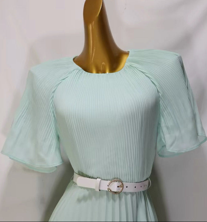 Mint Green Pleated Midi Dress with Belt