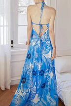 Blue & White Floral Print Halter Neck Tiered Maxi Dress
